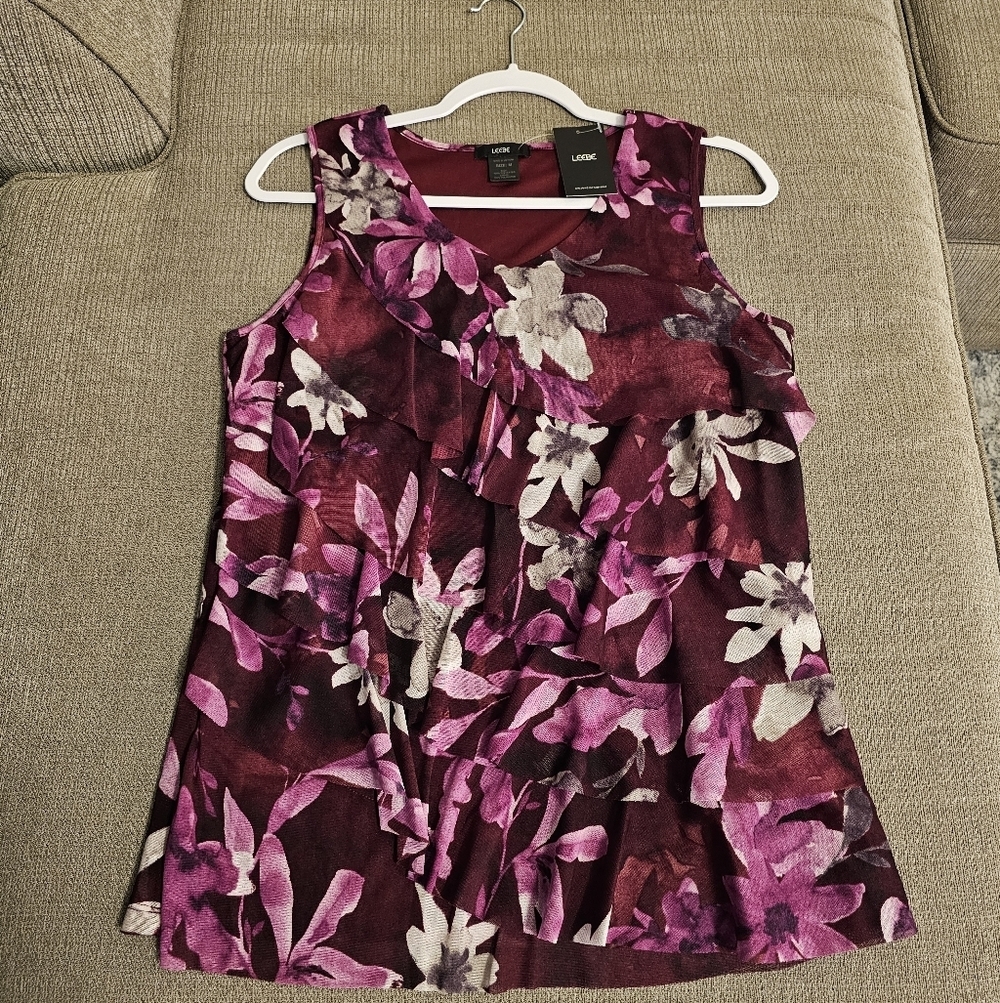 Leebe Dark Pink Purple Floral Casual Office Career Sleeveless Blouse Size Medium